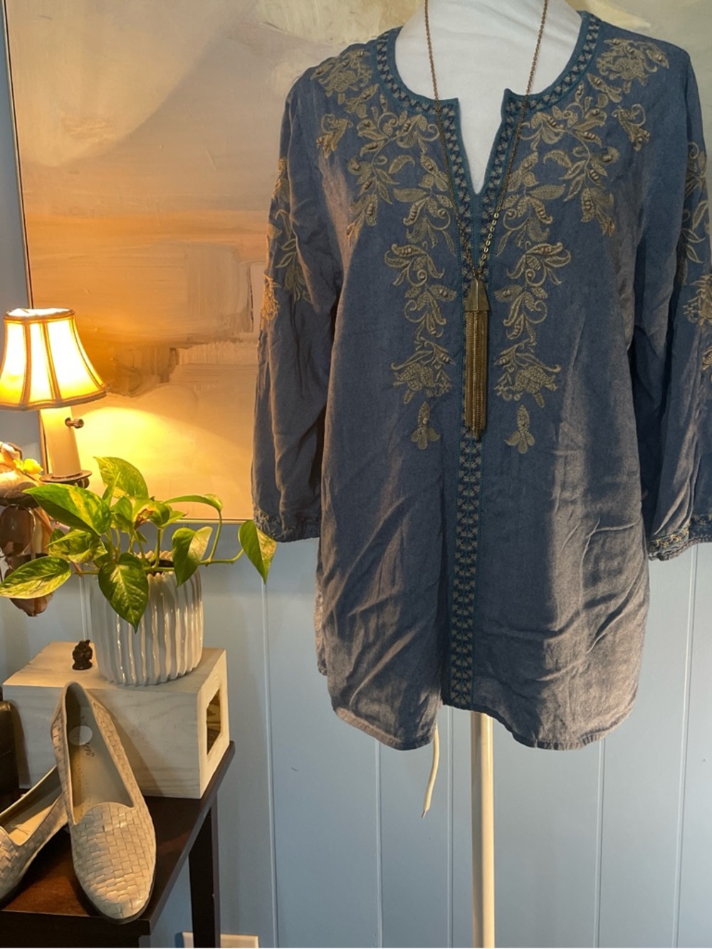 J. Jill Blue Tunic Blouse with Gold Embroidery